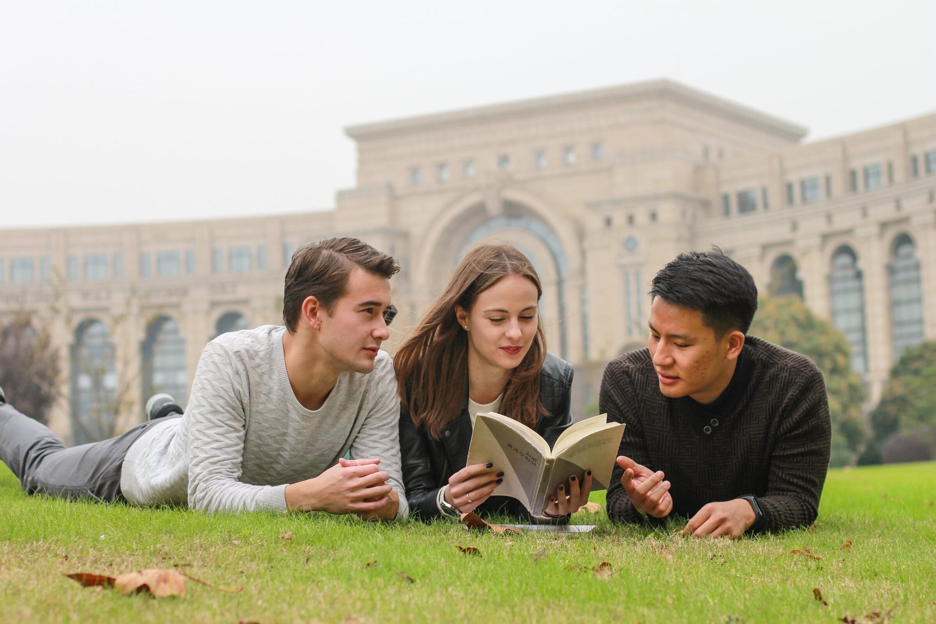 International students on the campus lawn